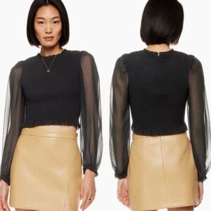 Aritzia Wilfred Tempest Smocked Chiffon Ruffled Sheer Sleeve Blouse Black Sz XS‎